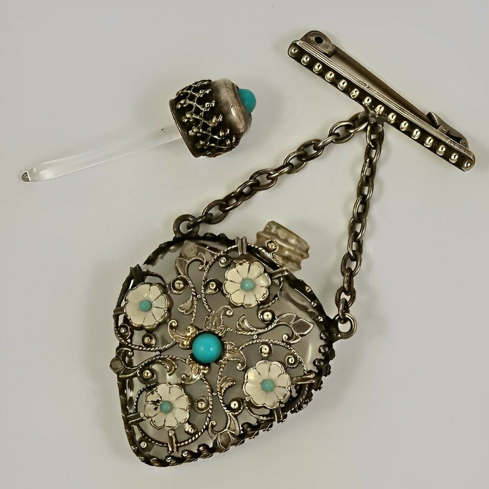 silver-plated-filigree-turquoise-glass-enamel-miniature-perfume-bottle-brooch-3z