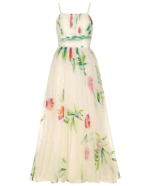 1950s Lee Delman White Organza Hand Painted Maxi Dress