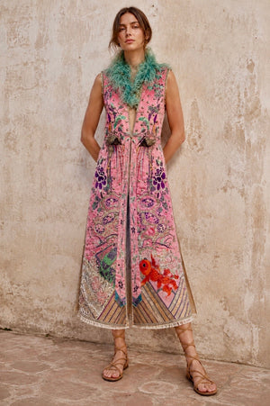 Adage, 19thC pink silk embroidered Chinese long waistcoat with feather collar