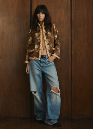 Edina, 70s Oriental camel silk damask teddy lined jacket
