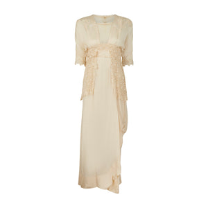 1900s Cream Silk and Tulle Wedding Dress with Lace Peplum