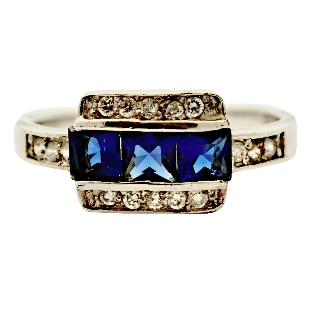 Silver-Ring-with-Azure-Blue-and-Clear-Rhinestones-circa-1950s - 1z