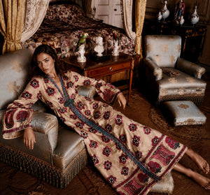 Chapan, early 19th C Uzbek chapan embroidered and beaded robe with couched Edwardian floral embroidery and turquoise buckle
