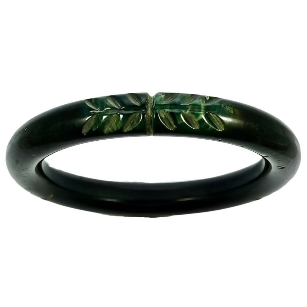 Art-Deco-Black-and-Marbled-Green-Carved-Leaves-Bakelite-Bangle-4zs