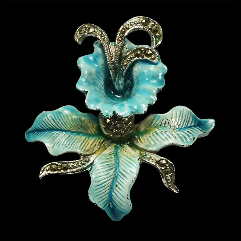 silver-tone-turquoise-enamel-and-marcasite-orchid-brooch-6p