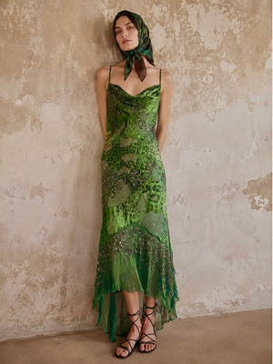 Lola, 90s beaded bias cut asymmetrical animal print dress