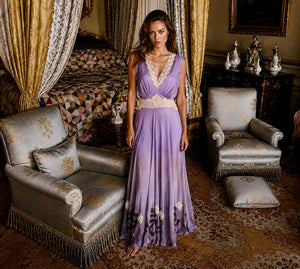 Lavender, 1930s hand dyed silk and lace dress with lace ribbon inserts