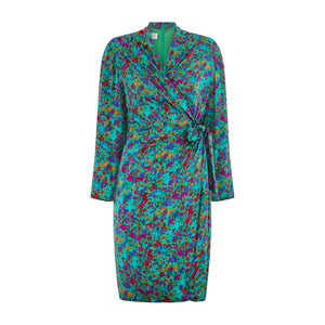 1980s Caroline Charles Emerald Green Floral Wrap Dress