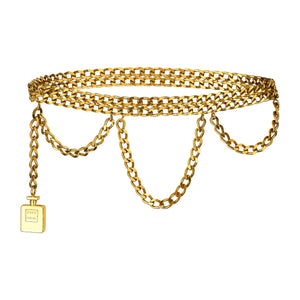 1987 Chanel Gold Double Chain Strand Belt with Perfume Bottle Charm