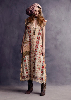 Chiara, 19th C Greek hand woven embroidered waistcoat with a faux fur collar and beaded side pocket