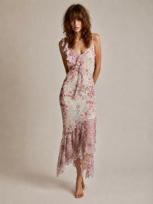 Lilly, 90s silk chiffon floral, bias cut frill dress