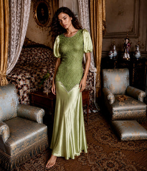 Astrid, 1930s silk and lace green hand dyed bias cut dress with rhinestone details