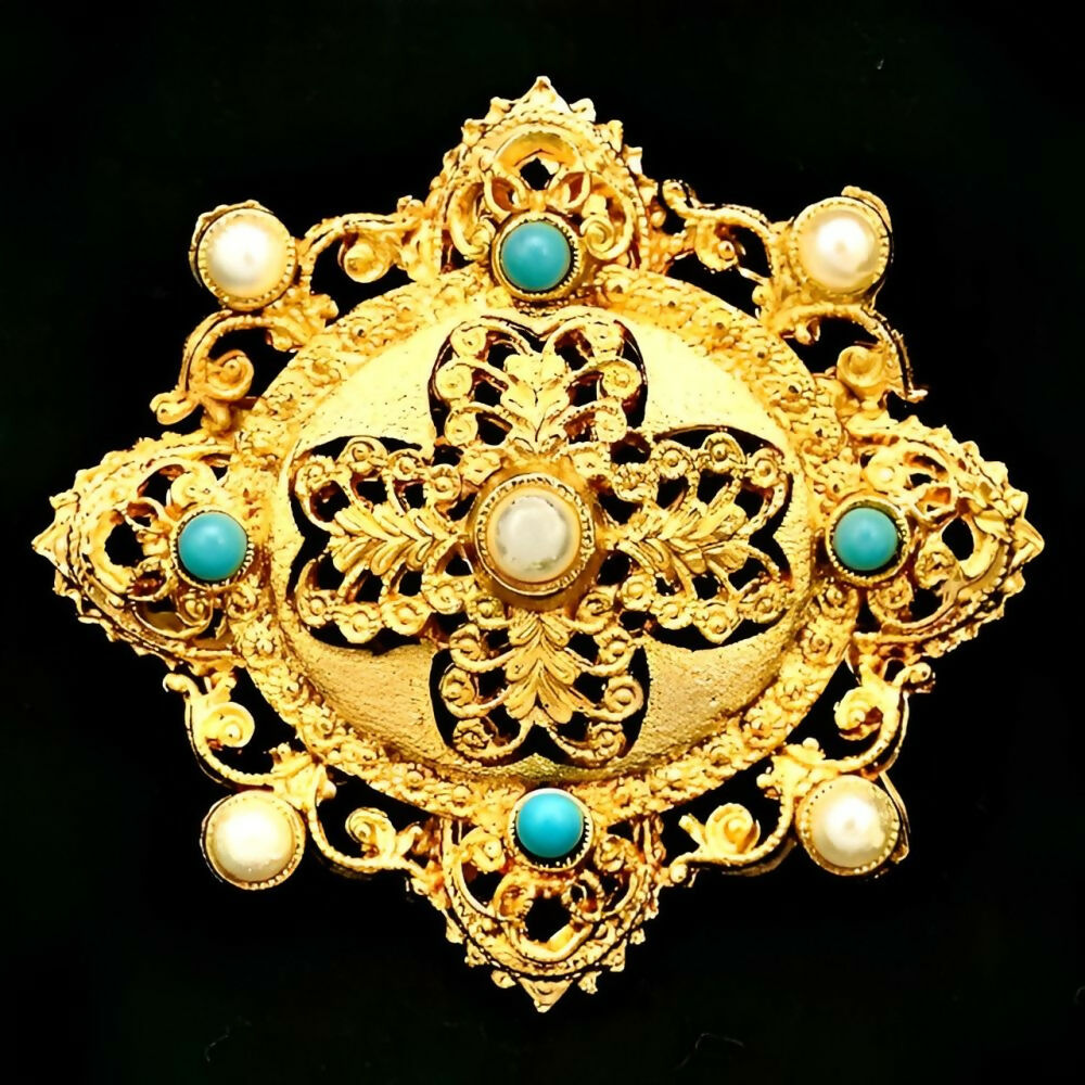 Gold Plated Oval Ornate Faux Turquoise and Pearl Brooch-5z