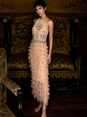 Kali, reworked embroidered piano shawl dress with brass choker and 20s sheered metallic skirt