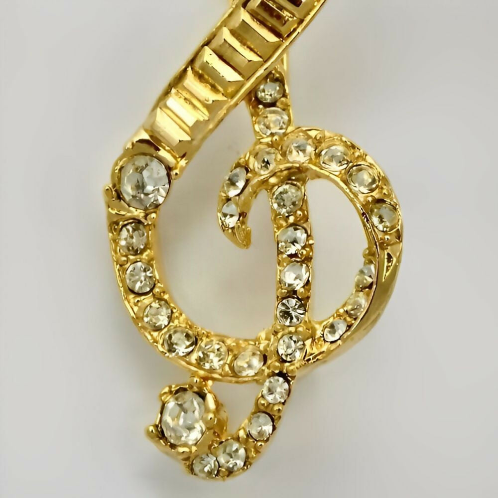 Gold Plated Treble Clef Brooch with Clear Round Crystals-3z