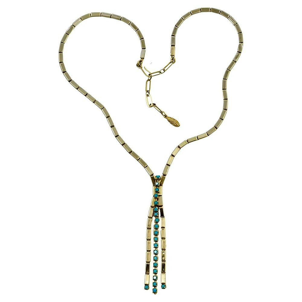 Gold-Tone-Rectangular-Link-Necklace-with-Tourquoise-Bead-Drop -1z