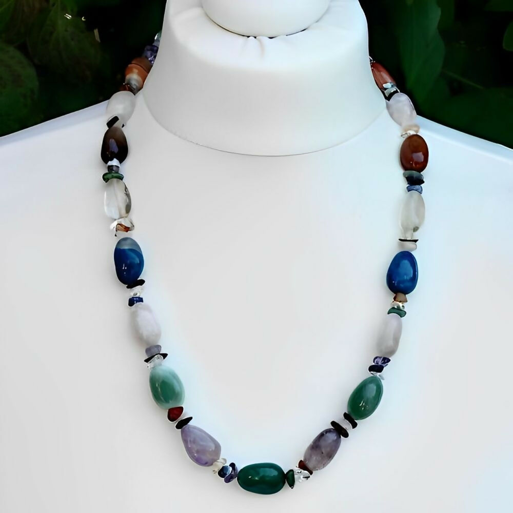 Polished-Gemstone-Necklace-including-Rose-Quartz-Amethyst-and-Agate-Beads-2z