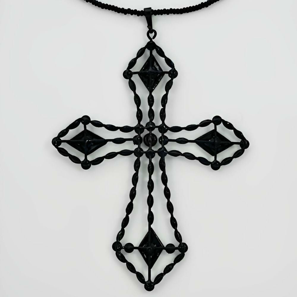 Art-Deco-Large-French-Jet-Cross-Pendant-and-Black-Glass-Bead-Chain-Necklace-6z