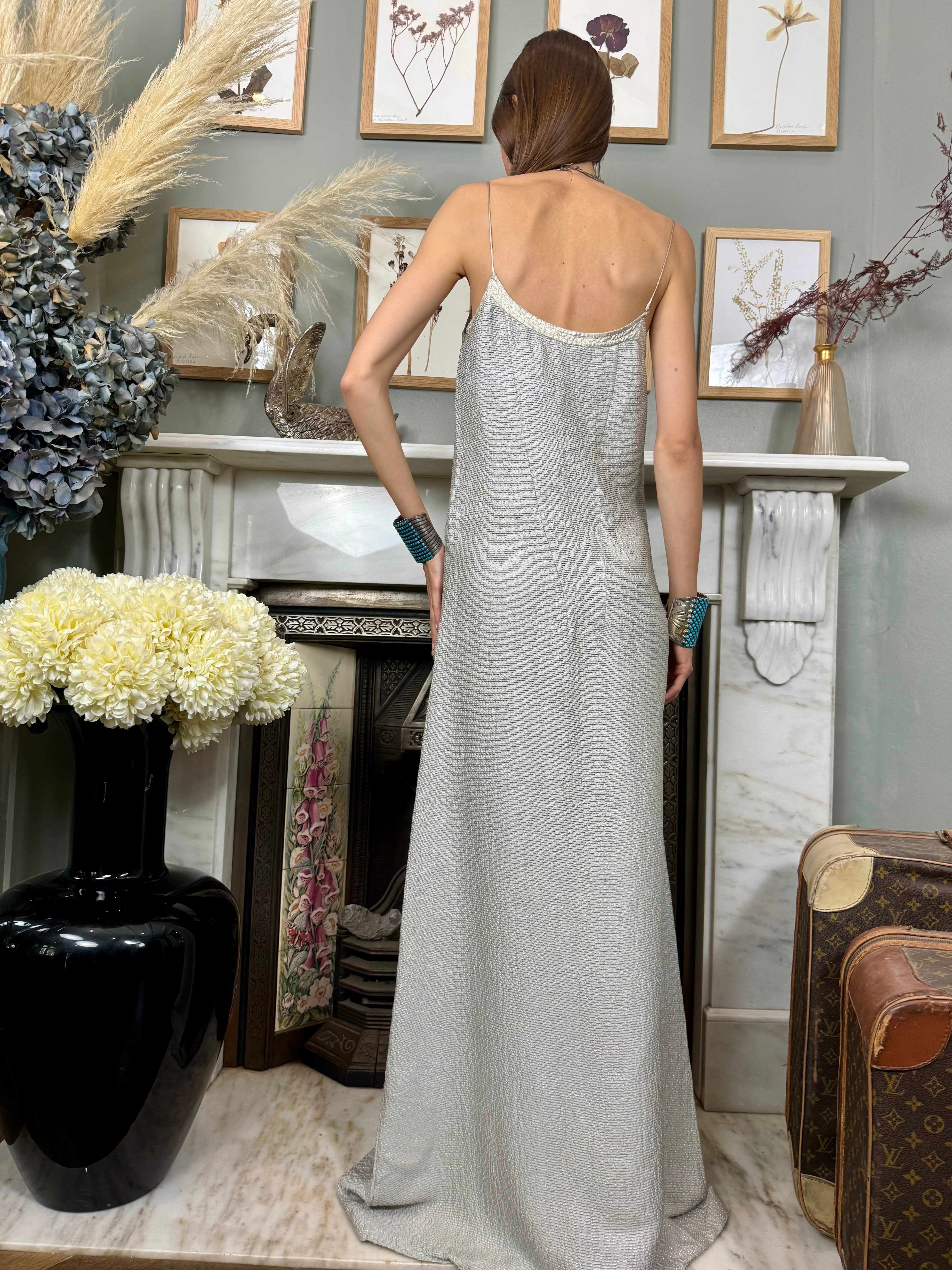 90s silver dress 90s/Y2k Silver/gold metallic silk empire waist dress