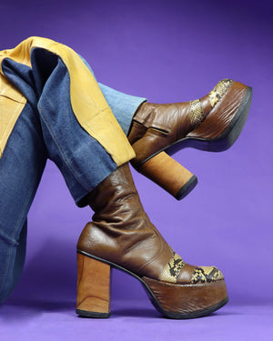 Vintage 1970s Snakeskin Trim Platform Boots