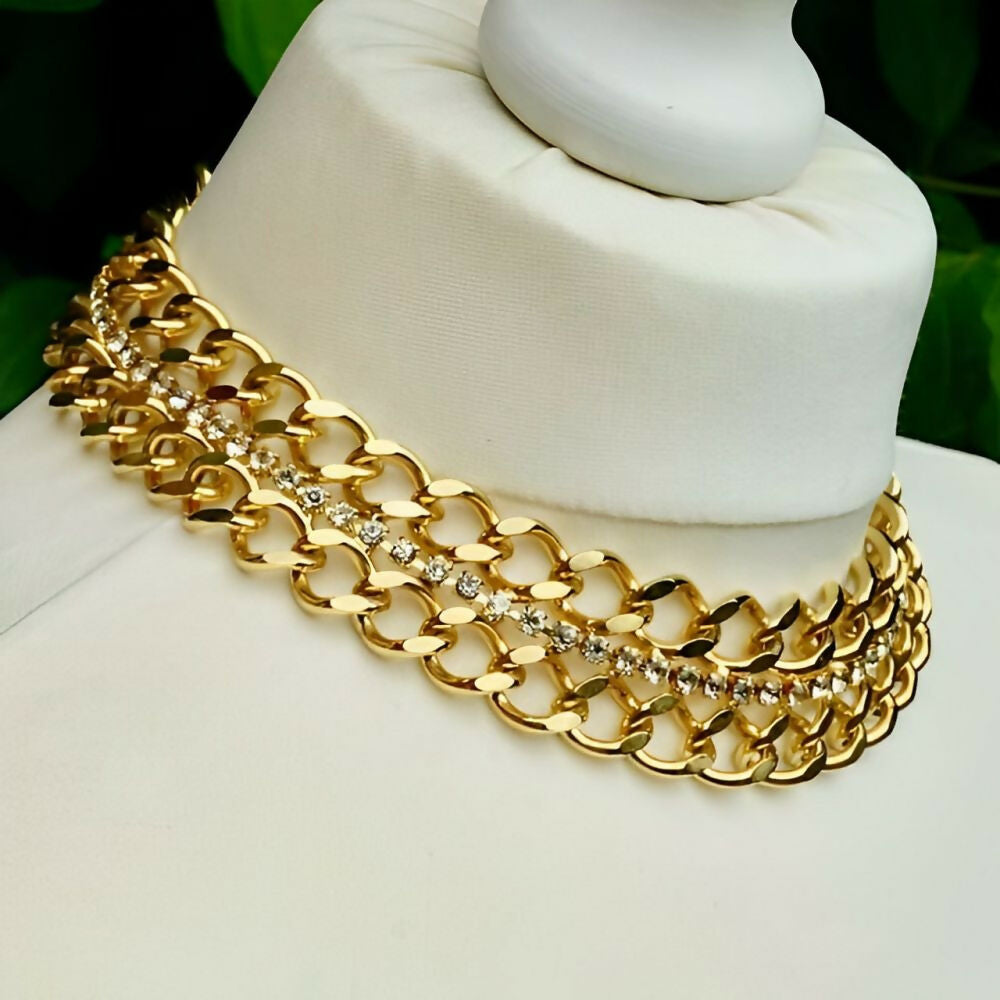 Gold-Plated-Curb-Link-Chain-Collar-Necklace-with-Rhinestones-circa-1980s-rc-3z