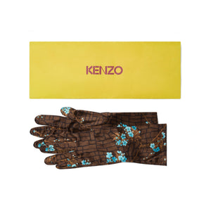 1990s Kenzo Brown and Blue Floral Gloves with Envelope