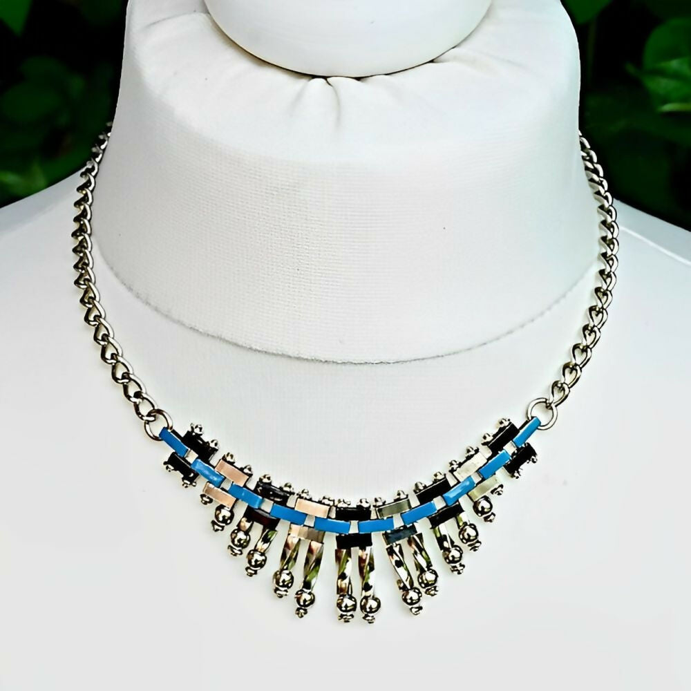 Jakob-Bengel-Art-Deco-Chrome-Plated-Blue-and-Black-Enamel-Necklace-circa-1930s-5z