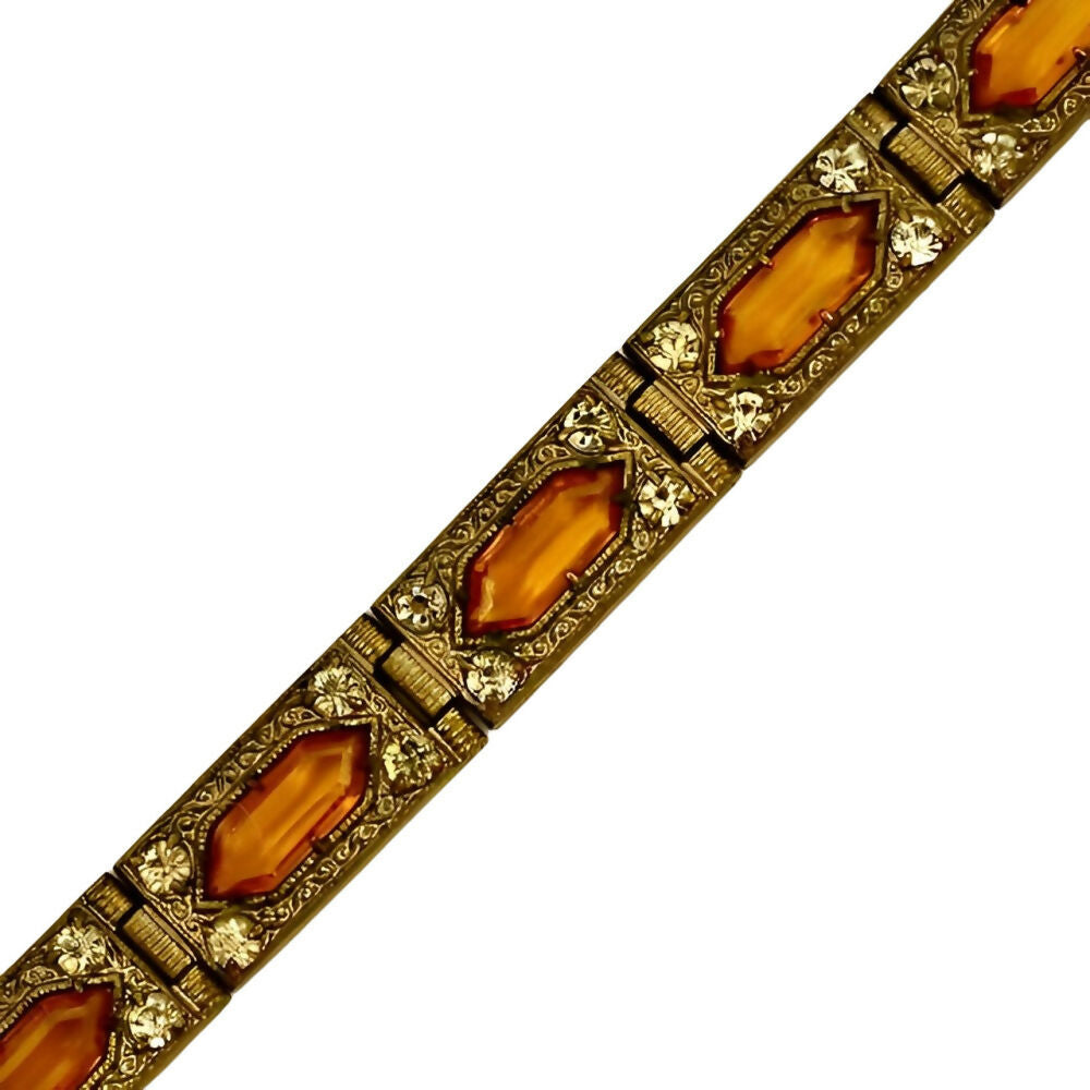 art-deco-bronze-tone-amber-and-clear-rhinestone-ornate-link-bracelet-2z