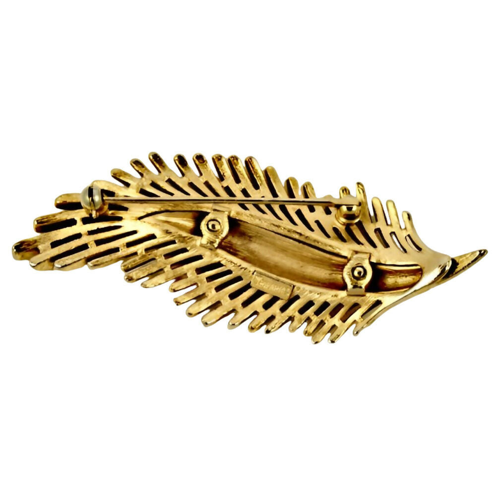 Trifari-Gold-Plated-Brushed-and-Shiny-Feather-Brooch-circa-1960s - 2z(1)