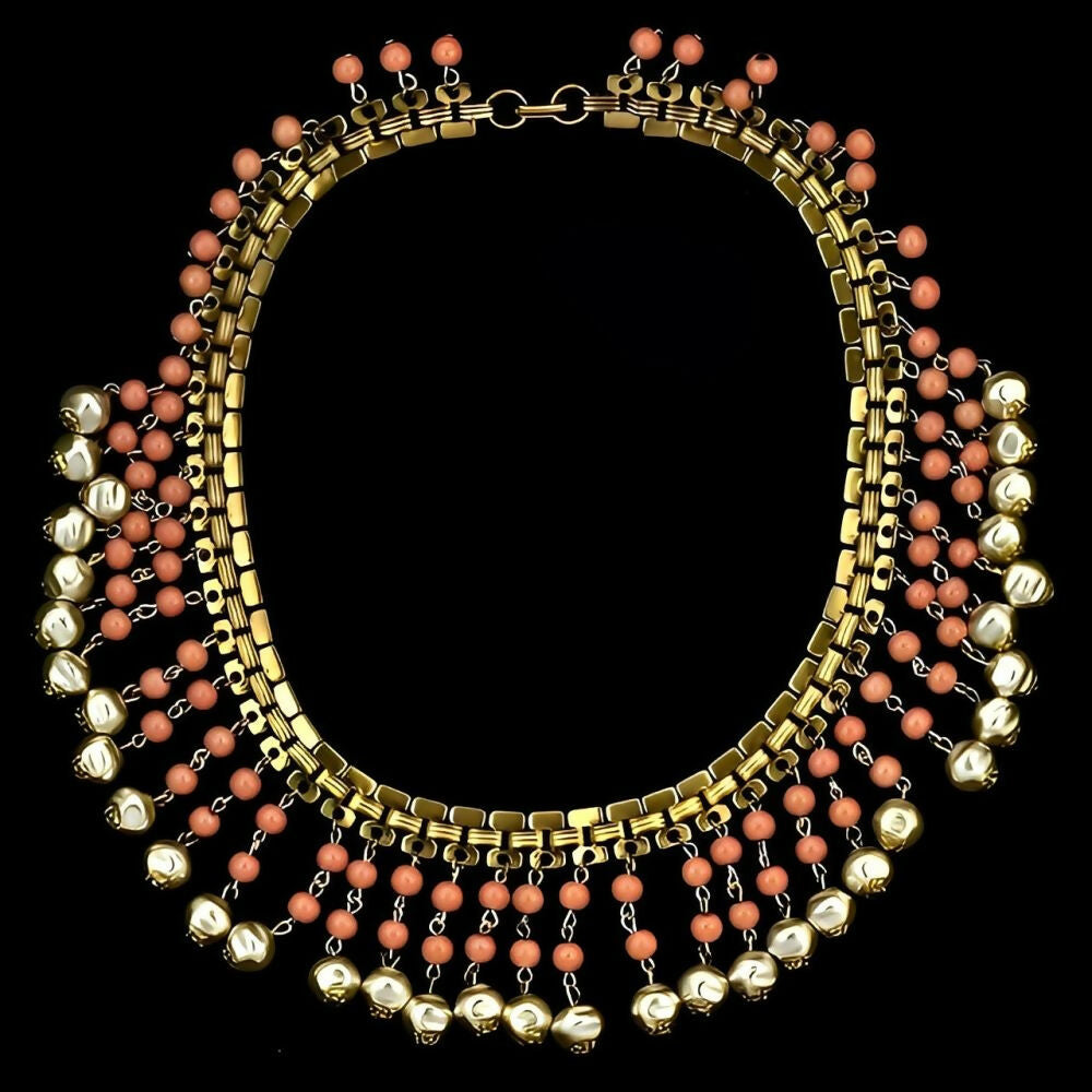 gold-plated-coral-glass-bead-faux-baroque-pearl-drop-collar-necklace-circa-1950s-6z