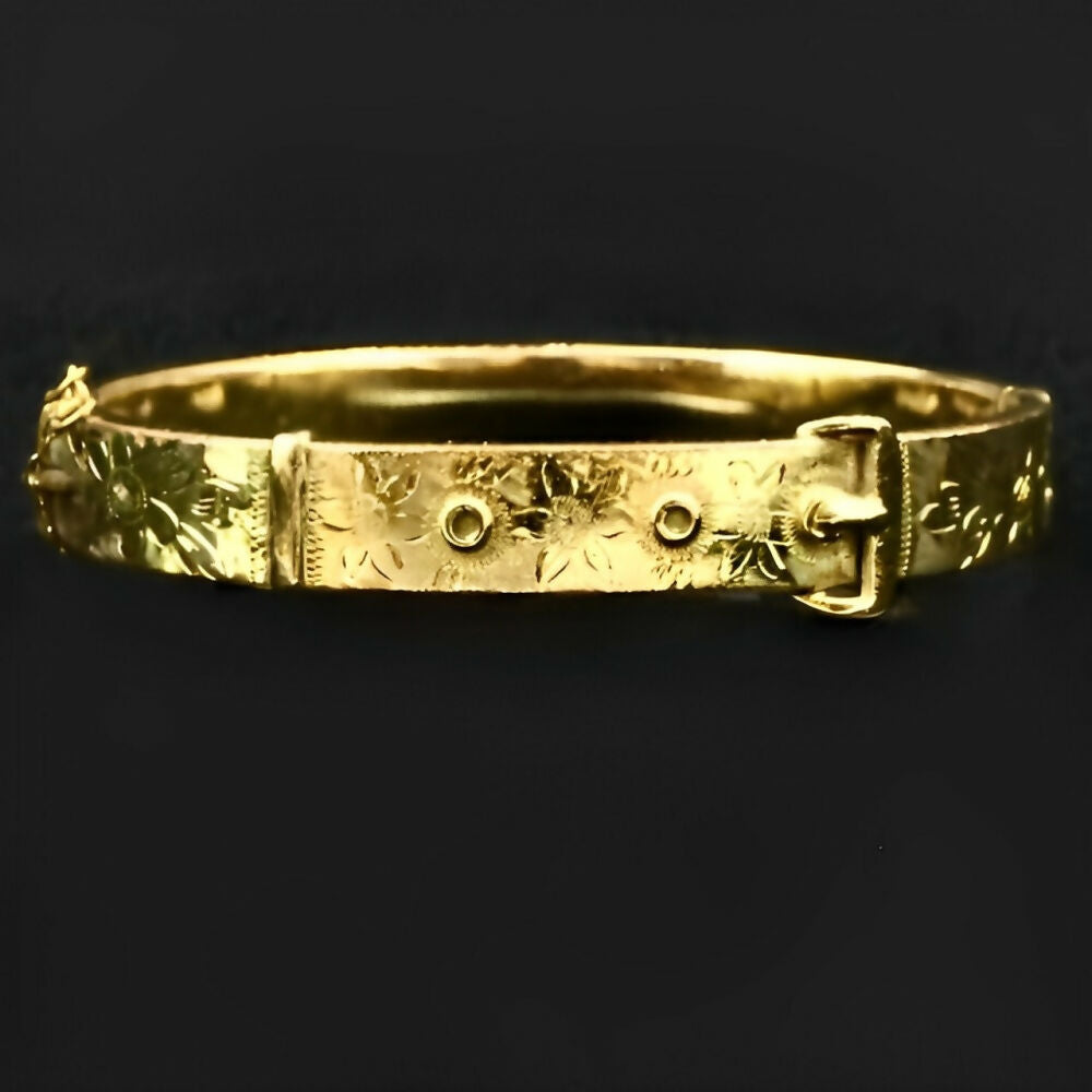 15th-9ct-yellow-rolled-gold-floral-engraved-buckle-bangle-bracelet-stamped-js-2z