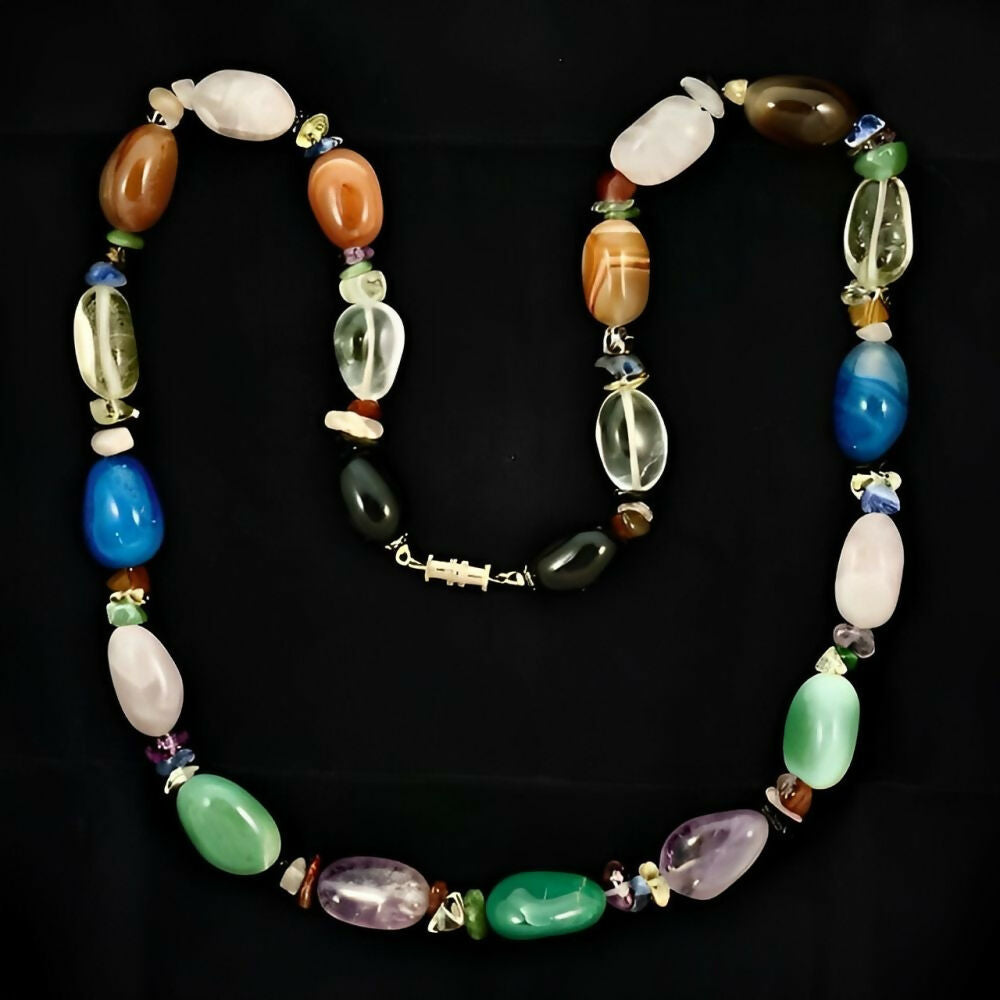 Polished-Gemstone-Necklace-including-Rose-Quartz-Amethyst-and-Agate-Beads-6z