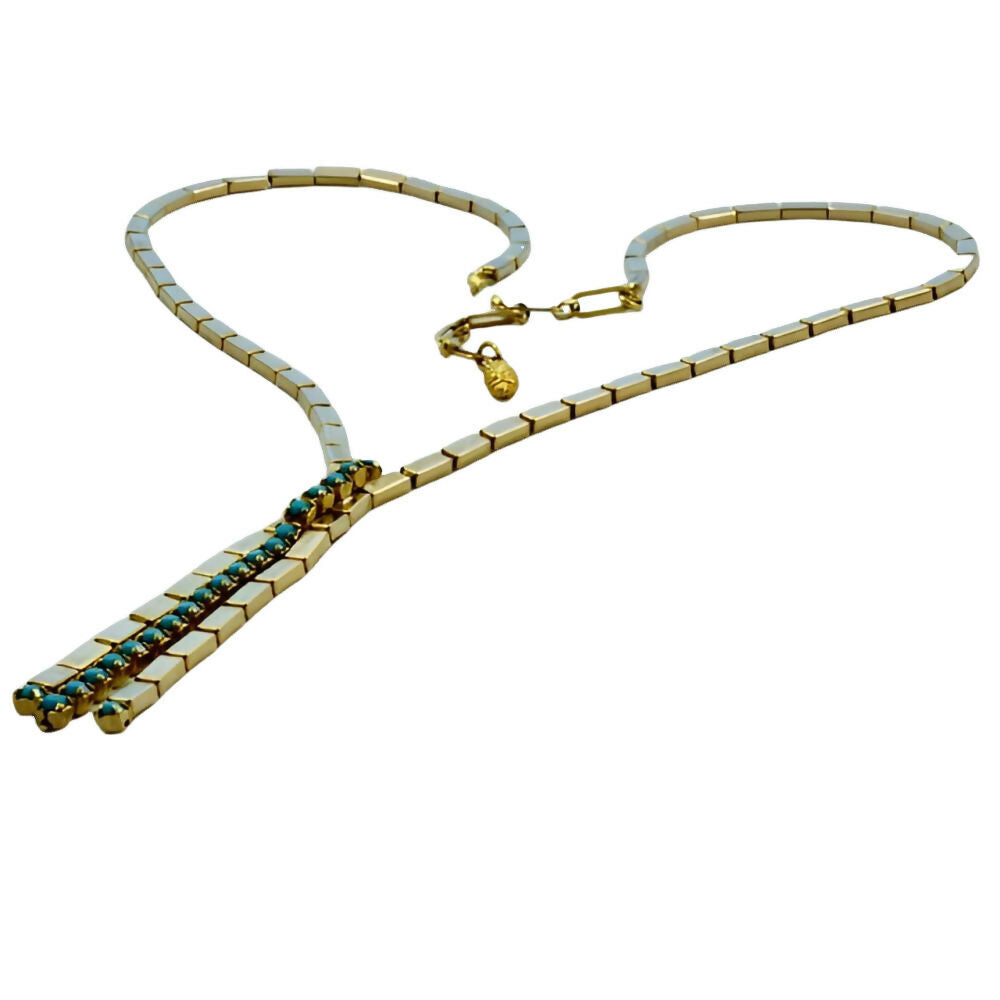 Gold-Tone-Rectangular-Link-Necklace-with-Tourquoise-Bead-Drop -2z(1)