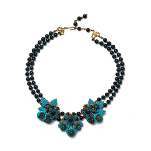 1990s Stanley Hagler Blue and Black Floral Beaded Necklace