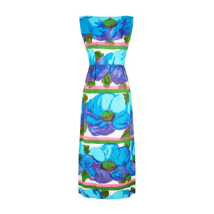 1960s Sandra Sage Blue Pink Abstract Floral Linen Dress