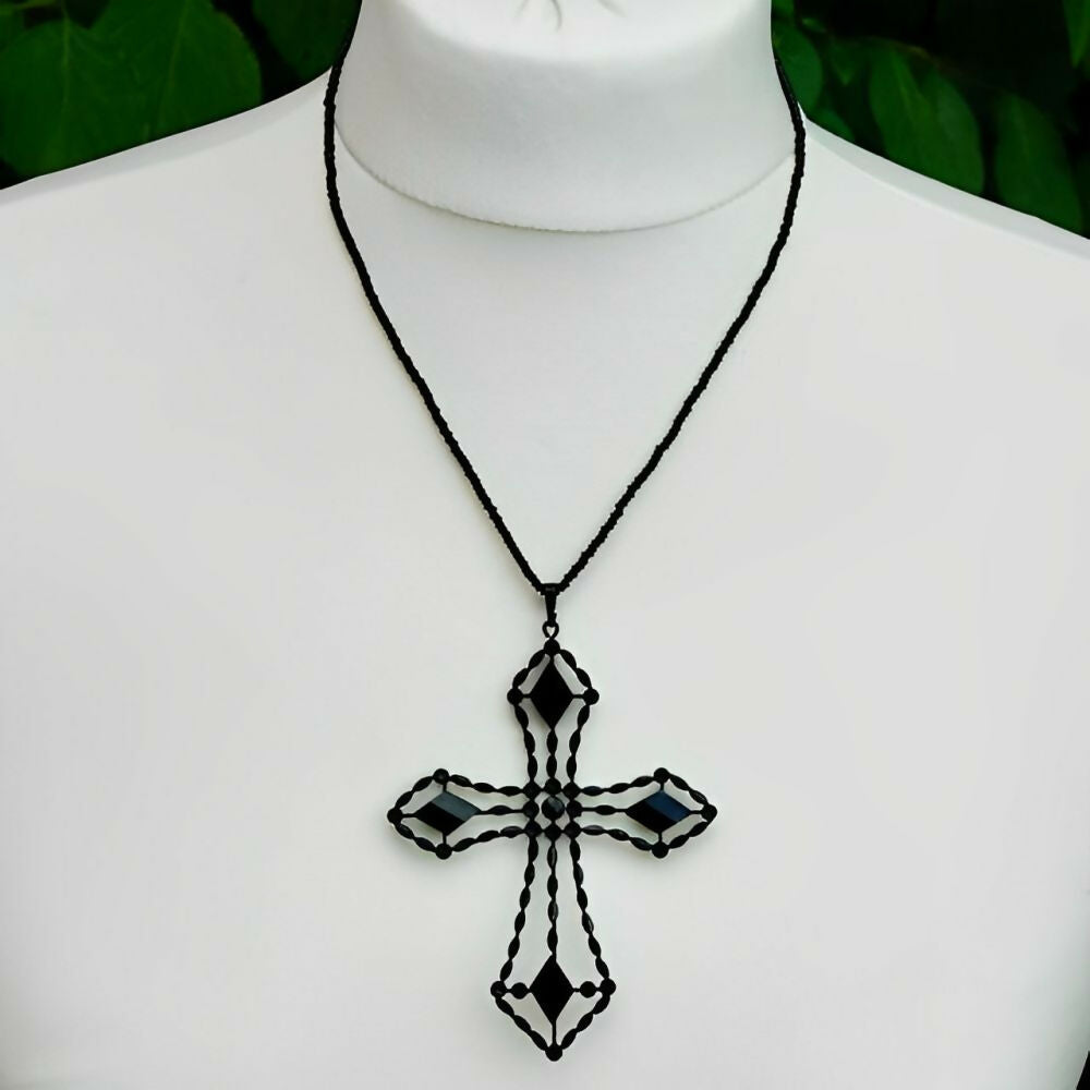 Art-Deco-Large-French-Jet-Cross-Pendant-and-Black-Glass-Bead-Chain-Necklace-3z