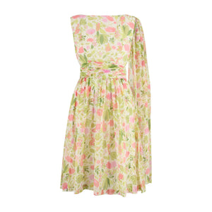 1960s Green Pink Floral Chiffon Dress with Scarf Detail