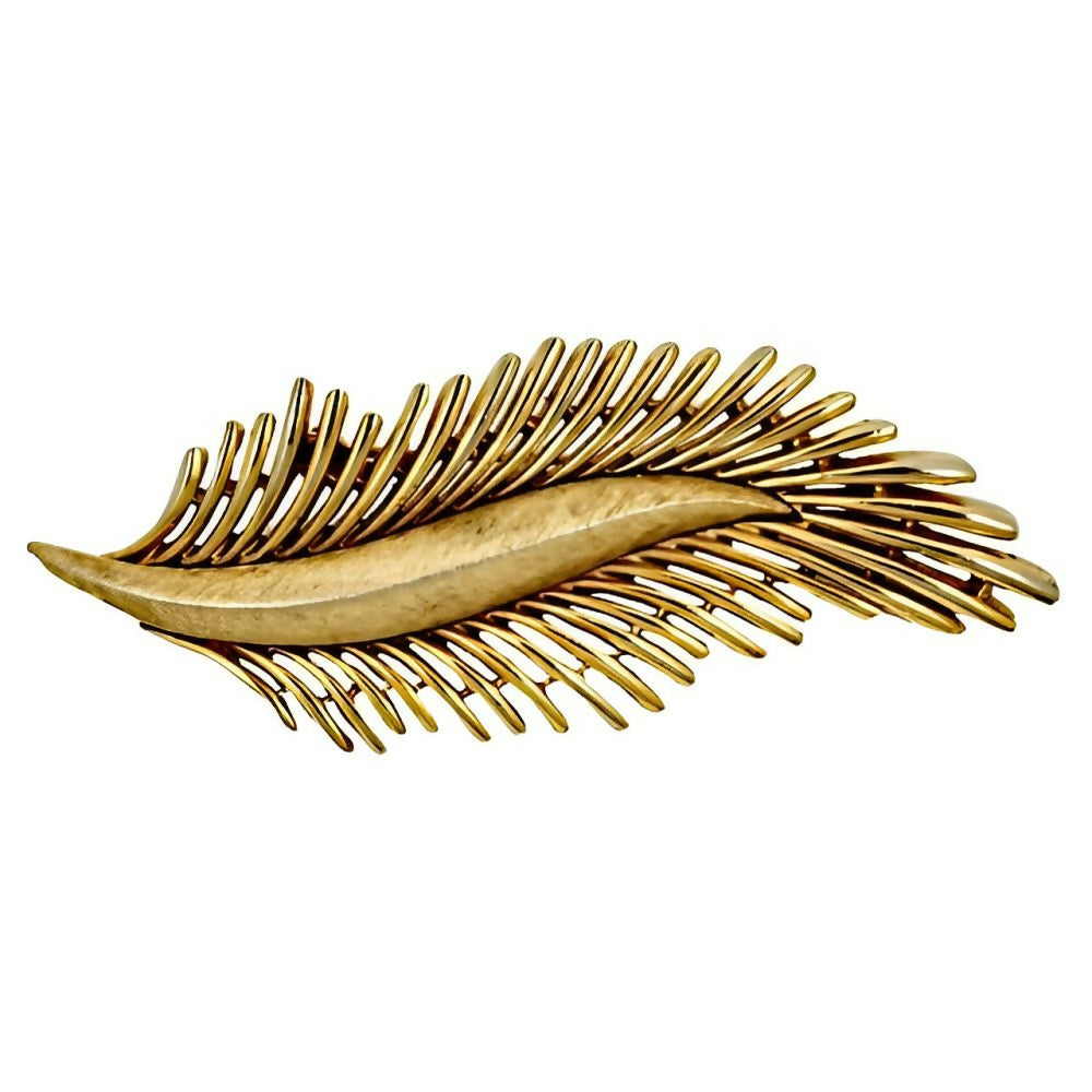 Trifari-Gold-Plated-Brushed-and-Shiny-Feather-Brooch-circa-1960s - 1z