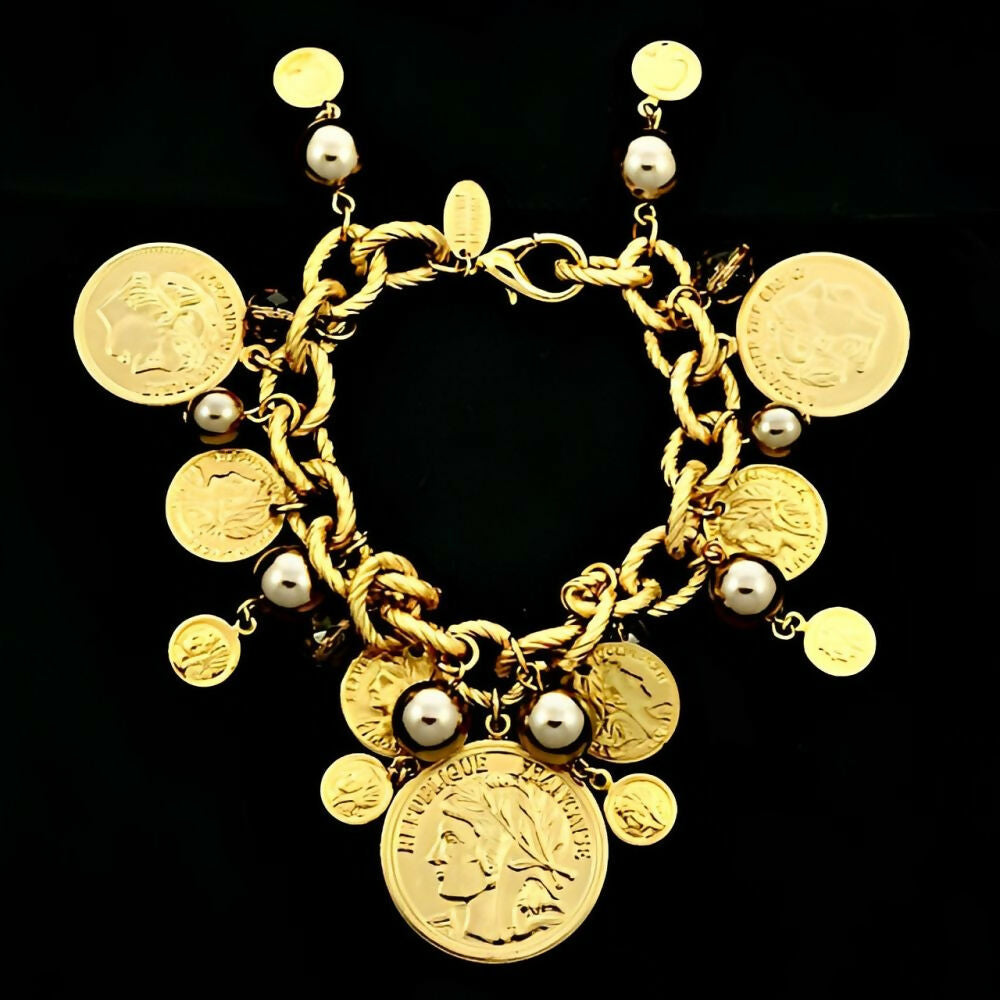 Miriam-Haskell-Russian-Gold-Plated-Pearl-Citrine-Glass-Coin-Charm-Bracelet-6z