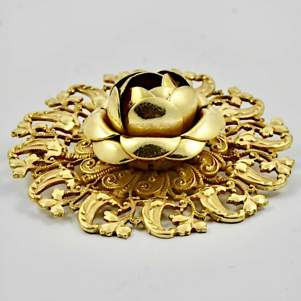 Miriam-Haskell-Russian-Gold-Plated-Ornate-Flower-and-Leaf-Brooch-6z