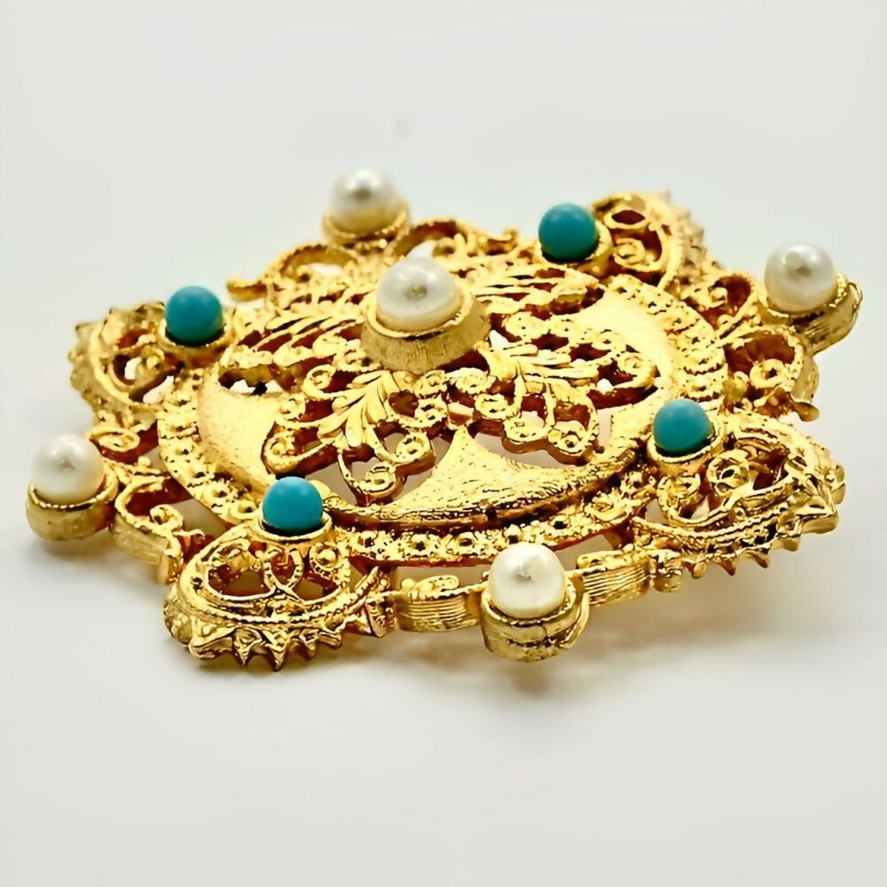 Gold Plated Oval Ornate Faux Turquoise and Pearl Brooch-4z