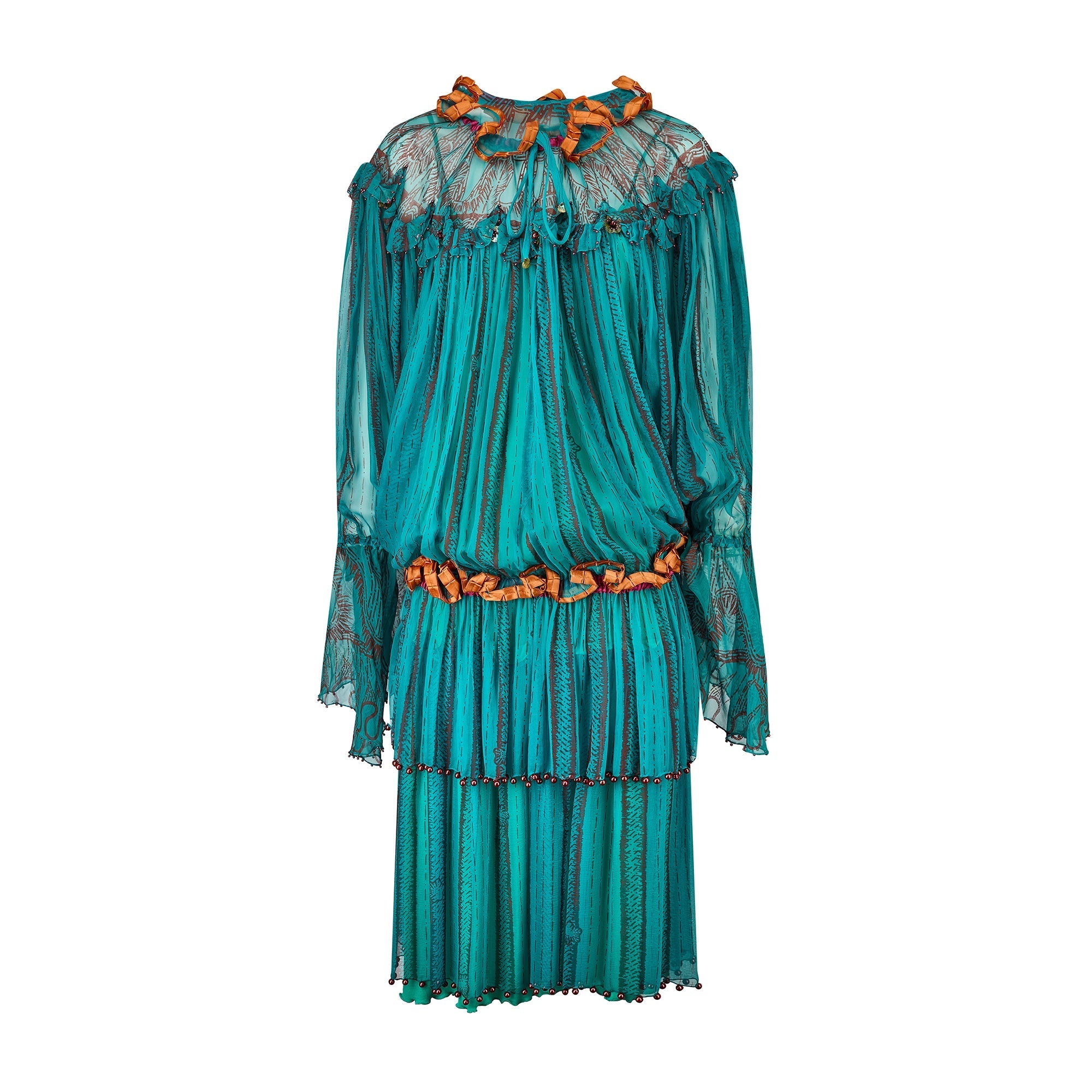 1982 Zandra Rhodes Turquoise Printed Dress Suit with Ribbon Work – Peekaboo  Vintage Marketplace