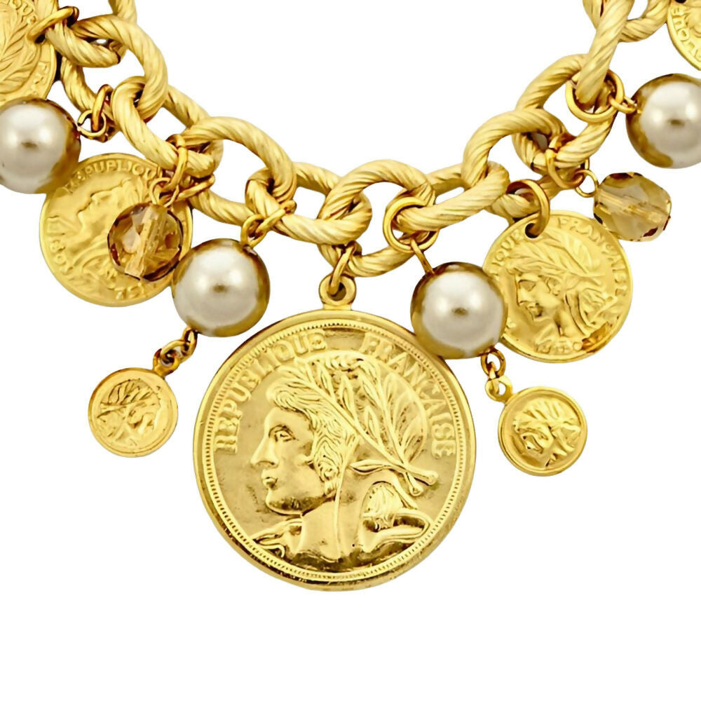 Miriam-Haskell-Russian-Gold-Plated-Pearl-Citrine-Glass-Coin-Charm-Bracelet-2z