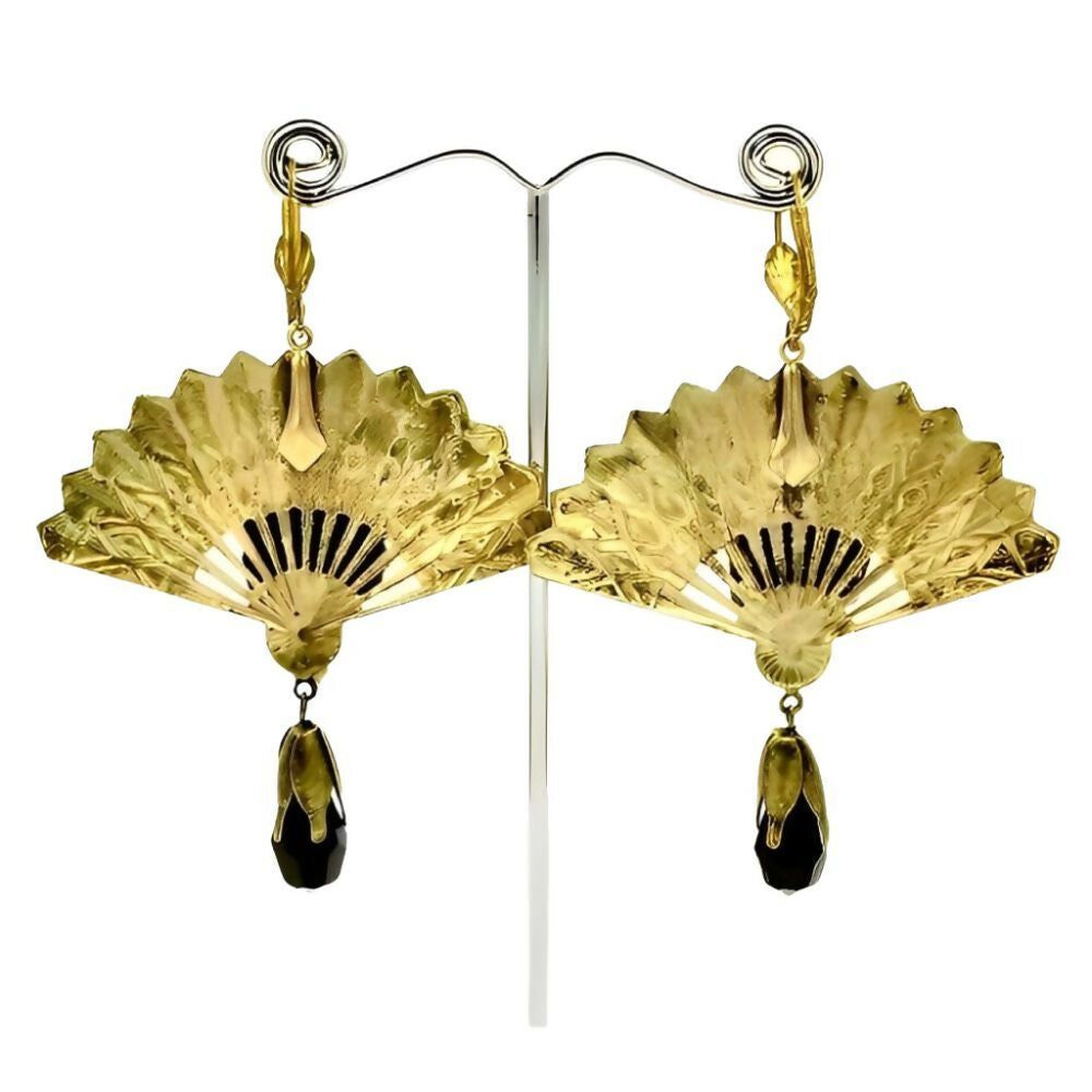 gilt-metal-ornate-black-glass-face-fan-leverback-earrings-with-black-glass-drop-5zs