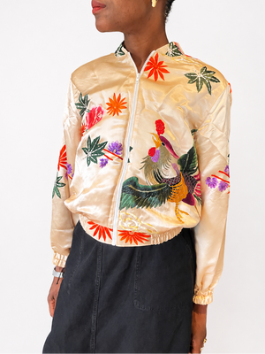 Champagne Embroidered Kimono Silk Bomber Jacket