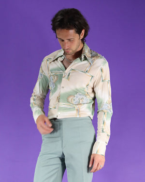 Vintage 1970s Disco Shirt Trees and Birds Print
