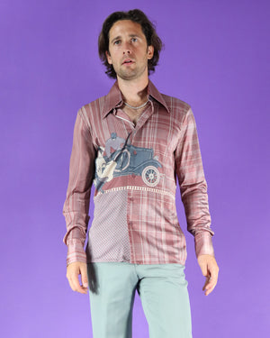 RARE Vintage 1970s Nik Nik Disco Shirt Art Deco Car Print