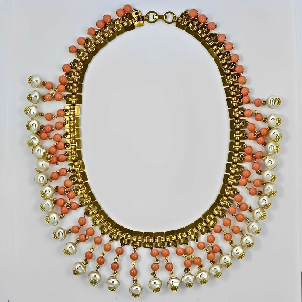 gold-plated-coral-glass-bead-faux-baroque-pearl-drop-collar-necklace-circa-1950s-3z