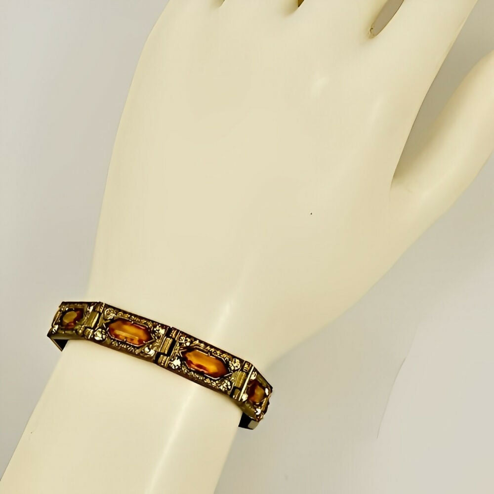 art-deco-bronze-tone-amber-and-clear-rhinestone-ornate-link-bracelet-5z