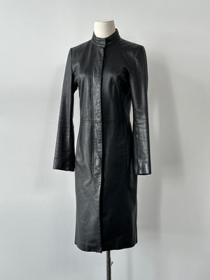 Vintage 1990s Leather High Neck Trench Coat - S